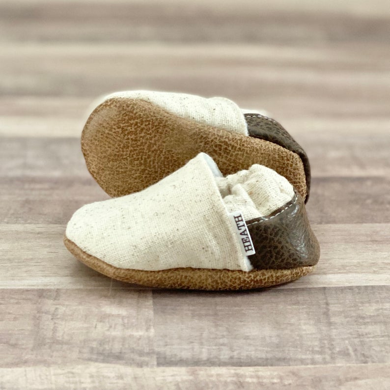 Trendy Baby Moccasins | Speckled Tan Angled