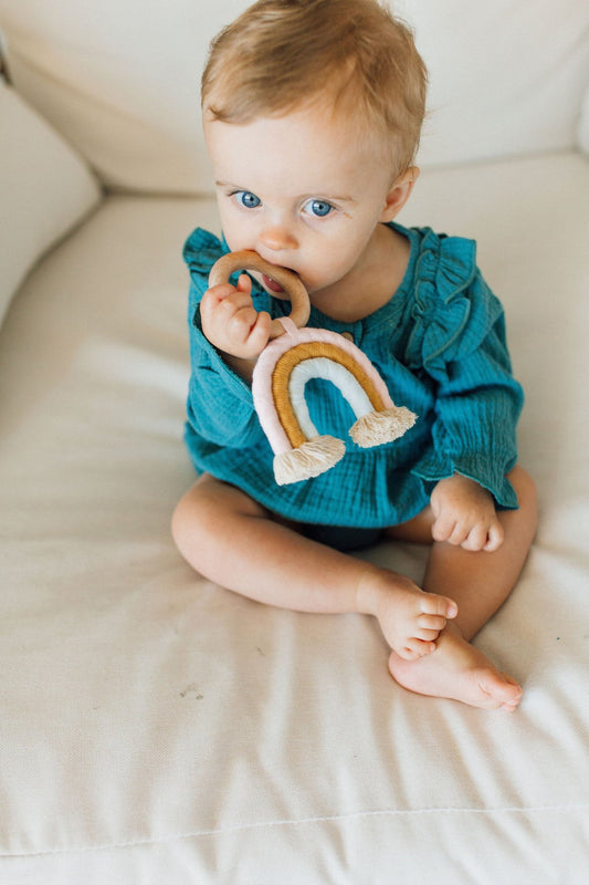 Macrame Rainbow Teething Ring | Baby Blue