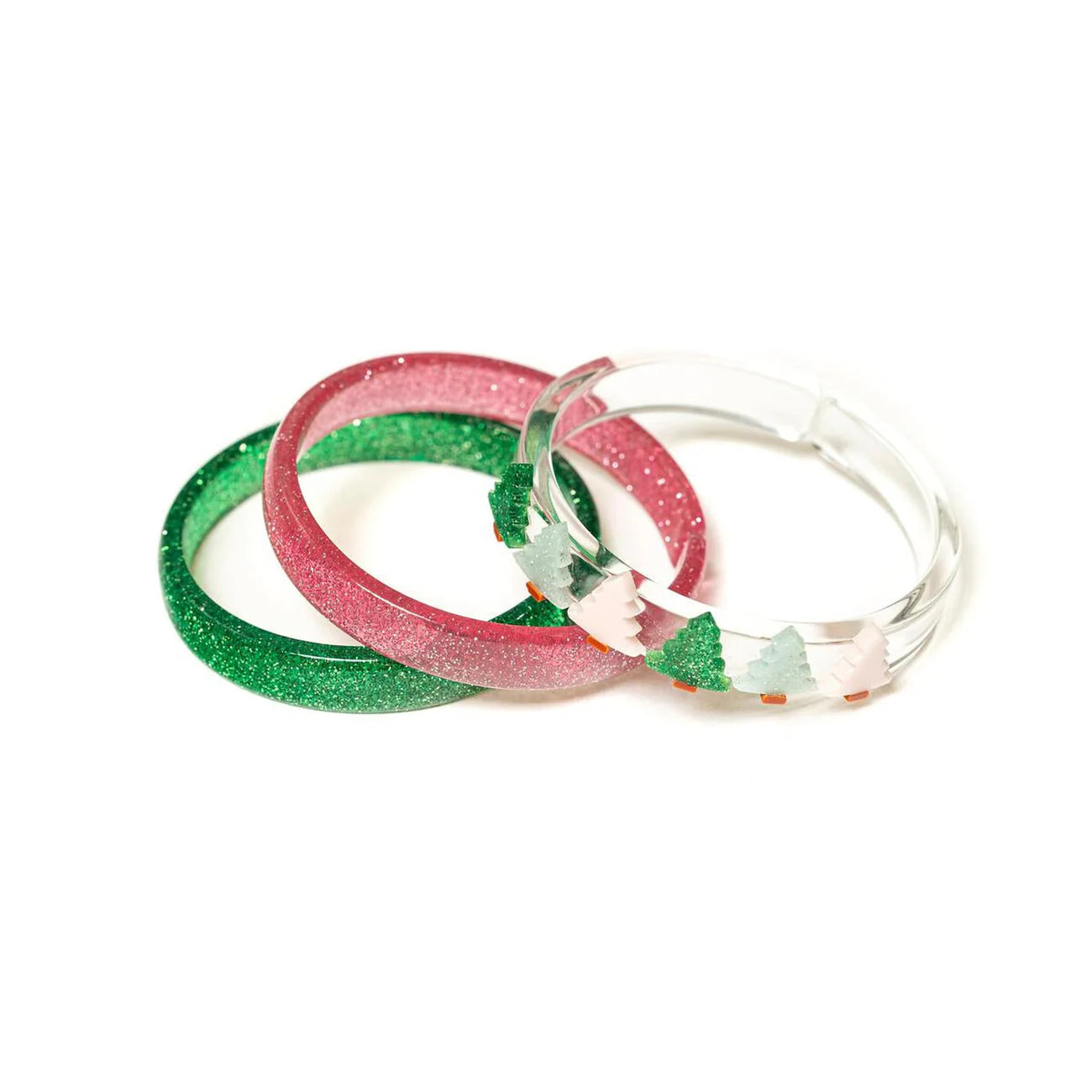 Multi Christmas Tree Glitter Pink + Glitter Green Bangle Set