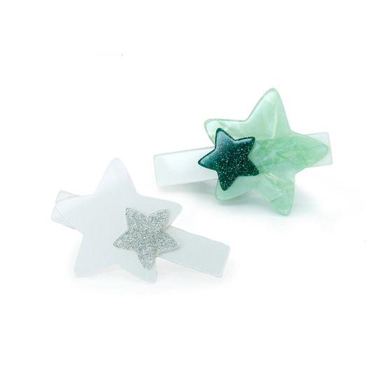Stars Double Mint Satin White Alligator Clips