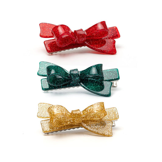 Bows Glitter Green Gold and Red Hair Clips