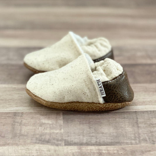 Trendy Baby Moccasins | Speckled Tan Angled